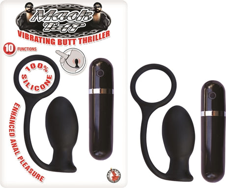 Mack Tuff Vibrating Butt Thriller Anal Plug Black showcasing 10 functions and made from 100% silicone for enhanced anal pleasure.