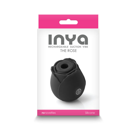 INYA The Rose Black Air Suction Clitoral Vibrator packaging featuring a black rose-shaped design.