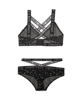 Karma's a Bitch Bralette and Cutout Panty Set Black M L featuring caged design and metallic mesh.