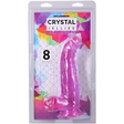 Crystal Jellies Curved Realistic Cock With Balls 8 Inch Purple in packaging, showing its details and size.
