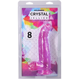 Crystal Jellies Curved Realistic Cock With Balls 8 Inch Purple in packaging, showing its details and size.