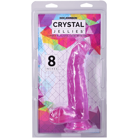 Crystal Jellies Curved Realistic Cock With Balls 8 Inch Purple in packaging, showing its details and size.