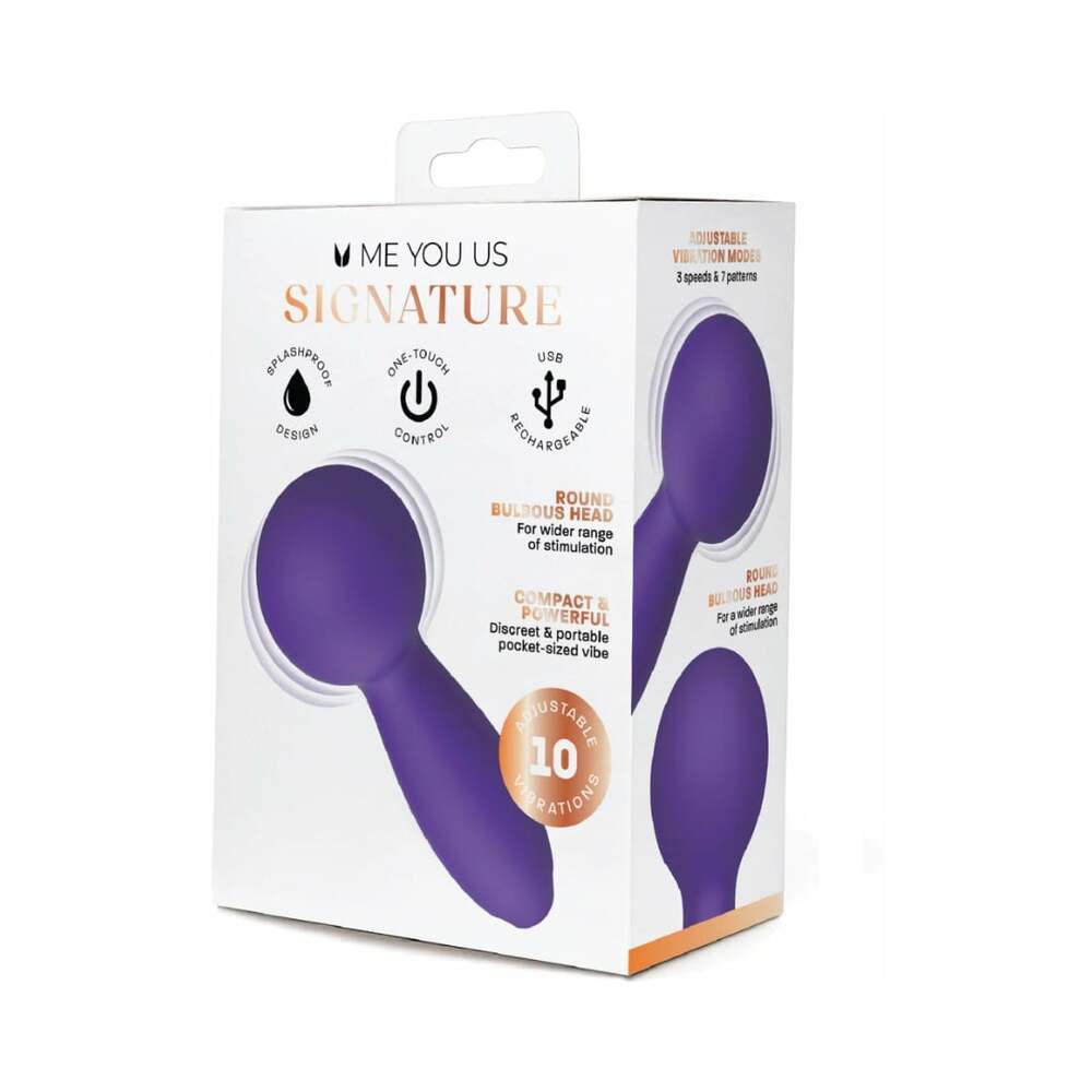 Me You Us Signature The Mini Wand Vibrator packaging showcasing its features like splashproof design and adjustable settings.
