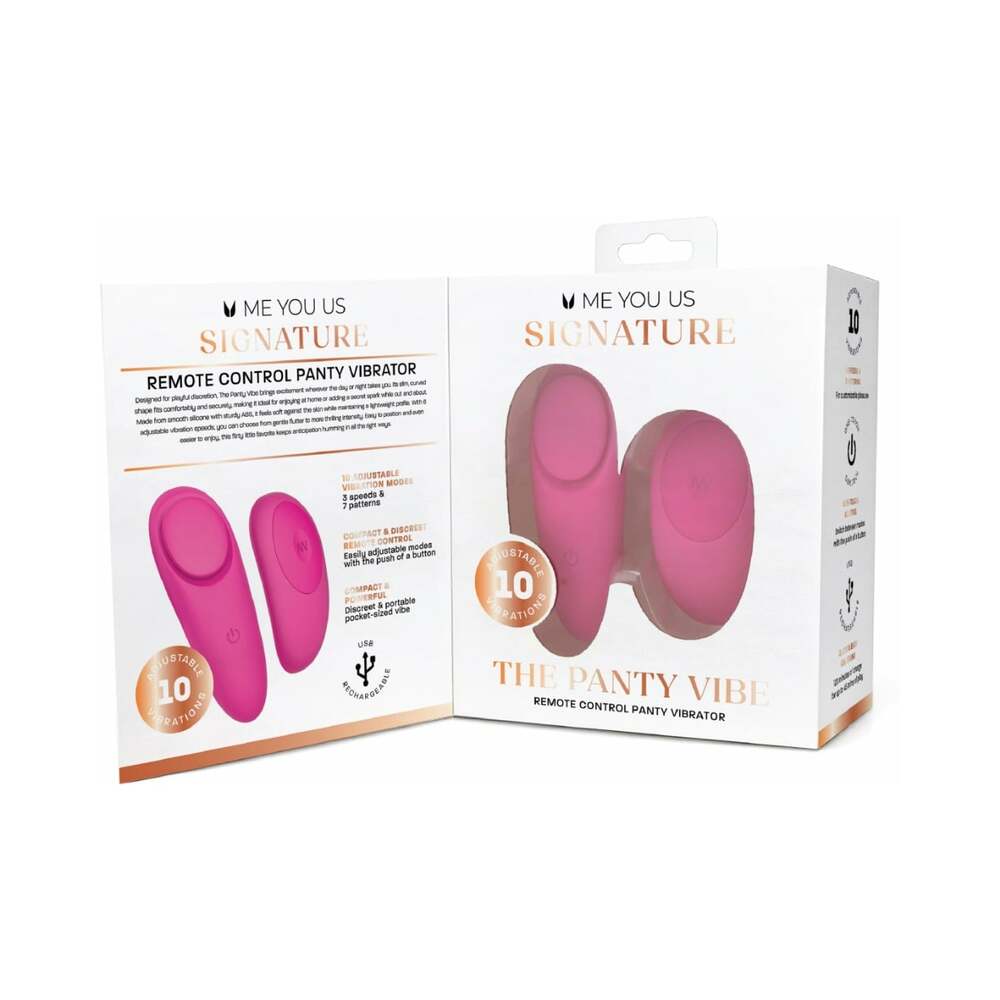 Me You Us Signature The Panty Vibe remote control panty vibrator packaging with controls and description.
