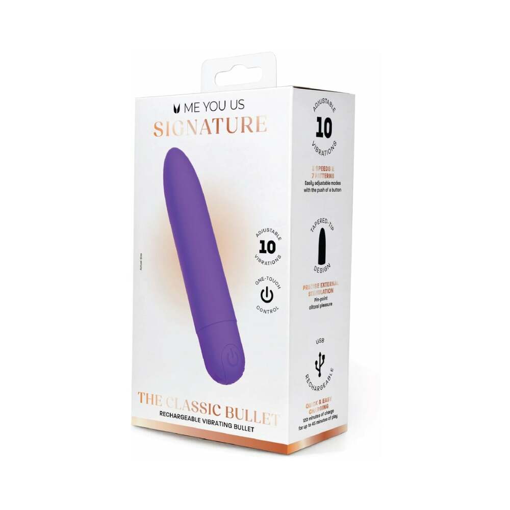 Me You Us Signature The Classic Bullet Vibrator Purple packaging showcasing its sleek design and features.