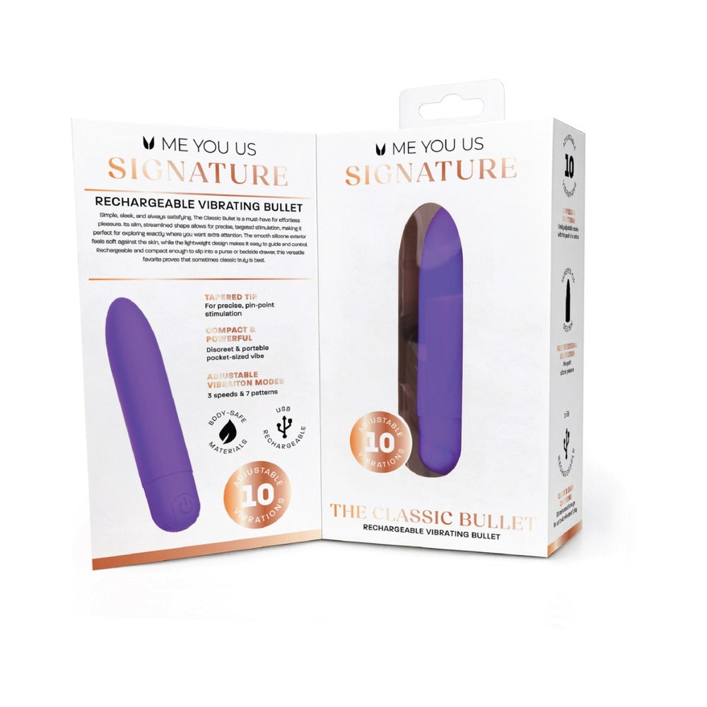 Me You Us Signature The Classic Bullet Vibrator Purple packaging showcasing its features and design.