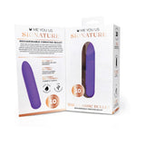 Me You Us Signature The Classic Bullet Vibrator Purple packaging showcasing its features and design.