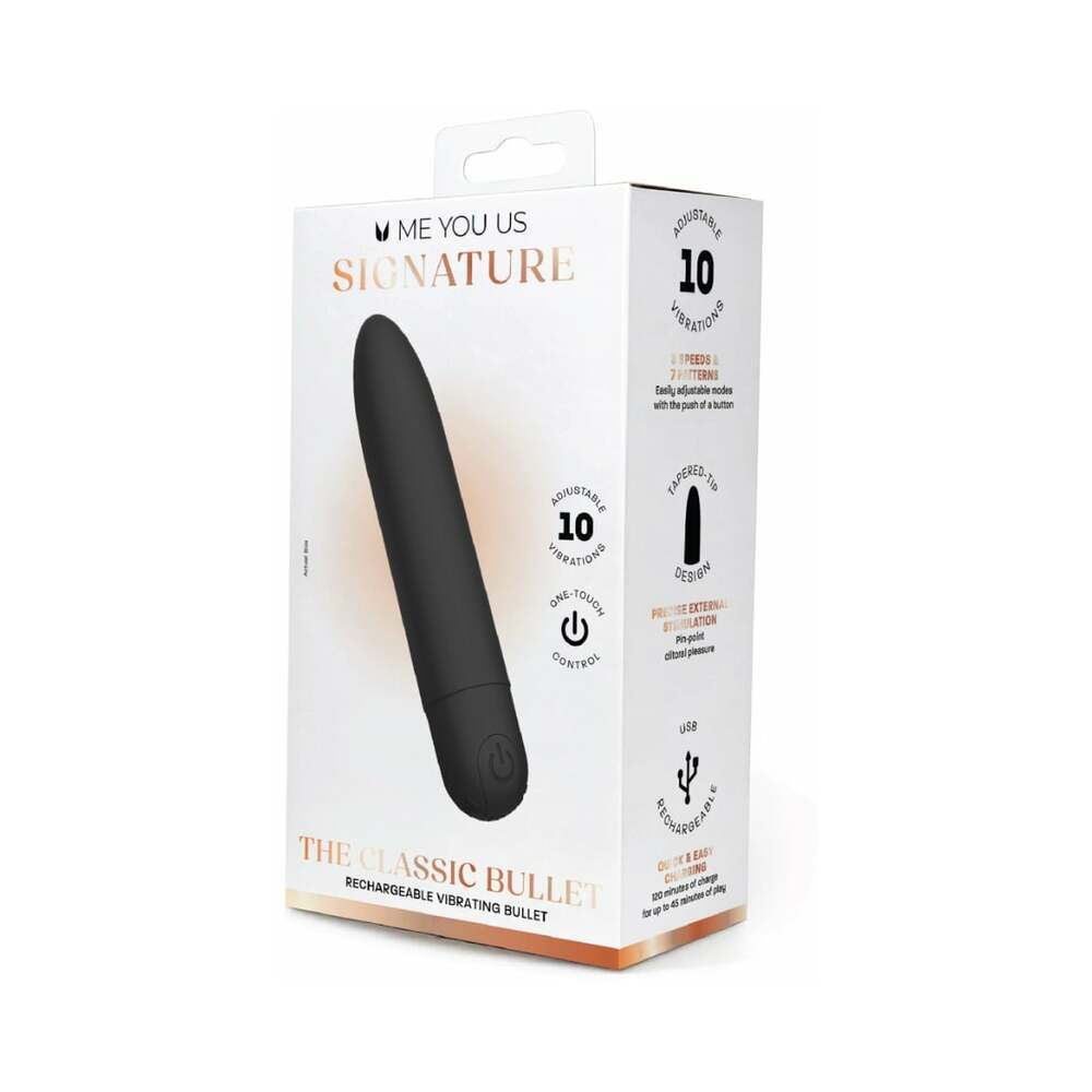 Me You Us Signature The Classic Bullet Vibrator Black packaging with features highlighted.