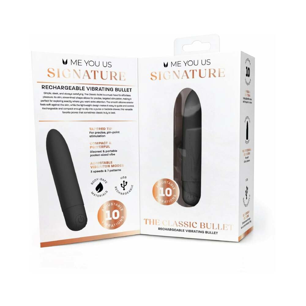 Me You Us Signature The Classic Bullet Vibrator Black packaging displaying features and specifications.