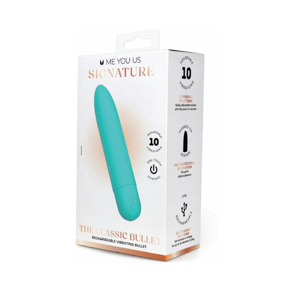 Me You Us Signature The Classic Bullet Teal compact vibrating bullet packaging showcasing its teal design and features.