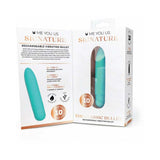 Me You Us Signature The Classic Bullet Teal rechargeable vibrating bullet packaging with specifications