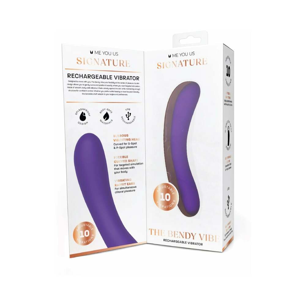 Me You Us Signature The Bendy Vibe Purple rechargeable vibrator packaging showcasing its flexible design and features.
