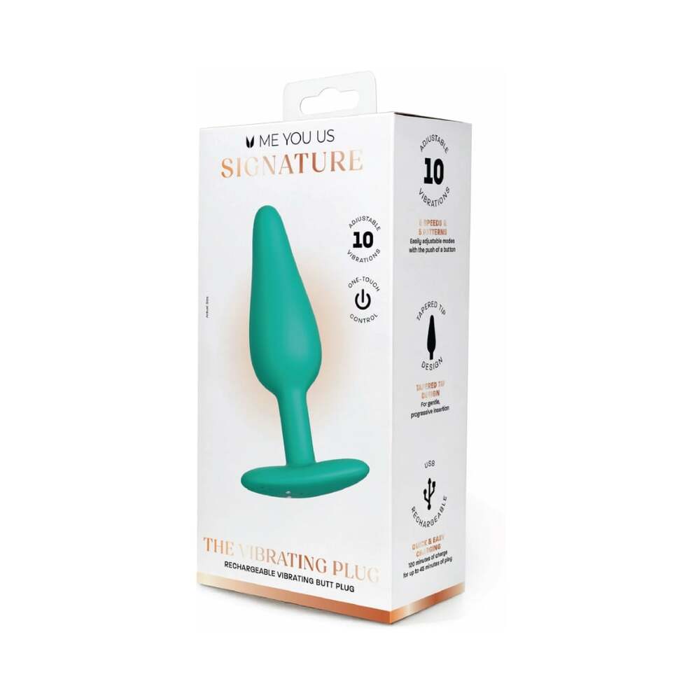 Me You Us Signature The Vibrating Plug Teal packaging showcasing adjustable vibration functions and sleek design.