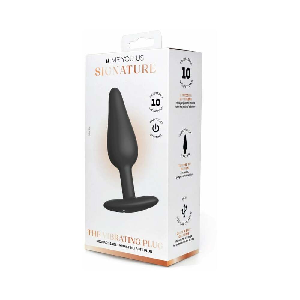 Me You Us Signature The Vibrating Plug Black packaging with details on adjustable vibration and design.