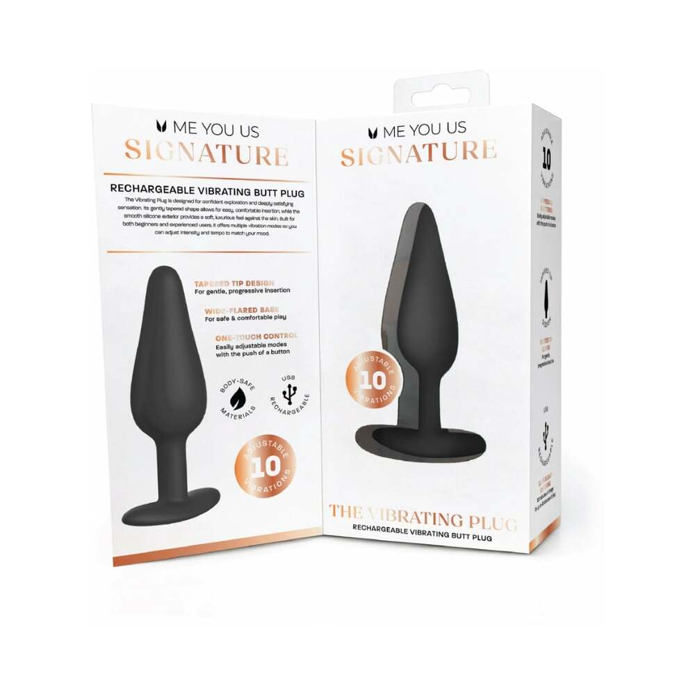 Me You Us Signature The Vibrating Plug Black packaging showcasing its design and features for pleasurable experiences.