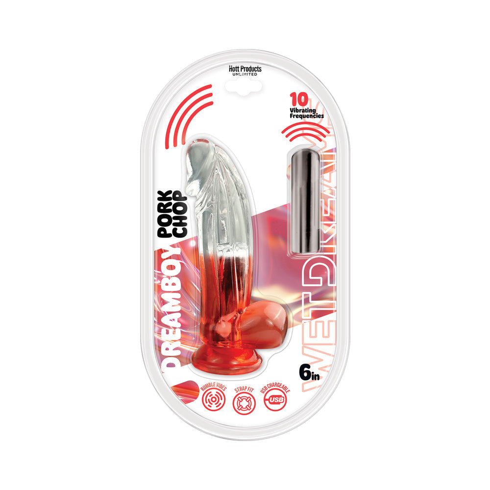Wet Dreams Dream Boy Porkchop 6 Inch Jelly Dildo Red packaging with 10 vibrating frequencies and striking design.