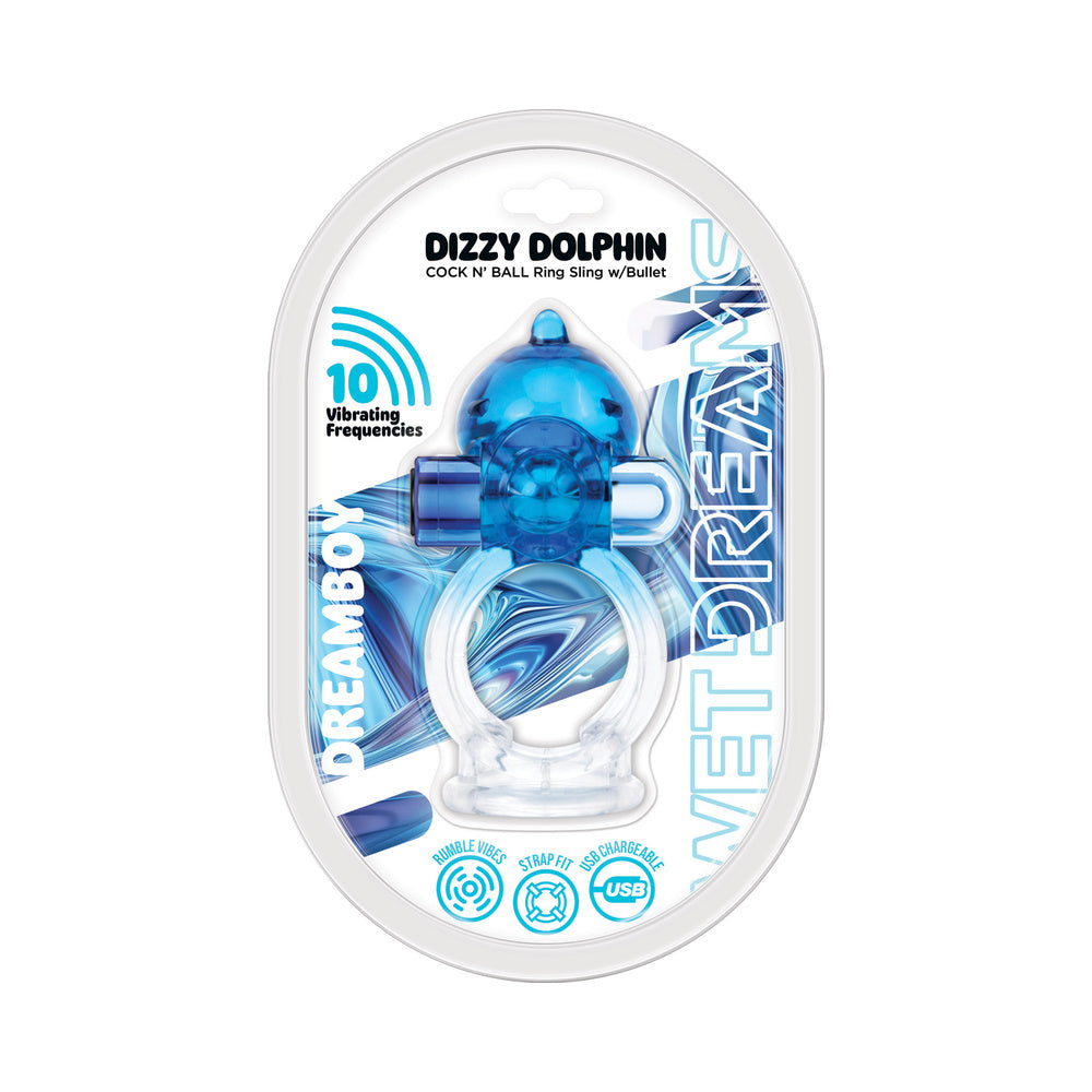 Wet Dreams Dizzy Dolphin Jelly Cock and Ball Sling Blue packaging featuring vibrating bullet and ring.
