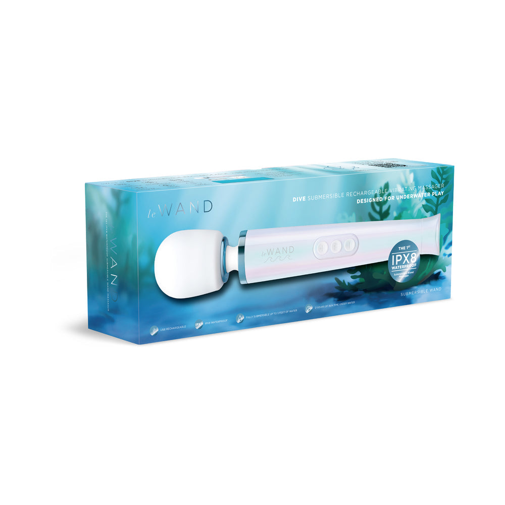 Le Wand Dive Submersible Vibrating Massager Seashell packaging displayed with waterproof features.