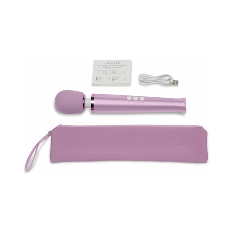 Le Wand Dive Submersible Vibrating Massager Lavender with charger, storage pouch, and user manual.