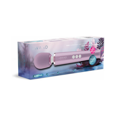 Le Wand Dive Submersible Vibrating Massager Lavender packaging showcasing its waterproof design and features.