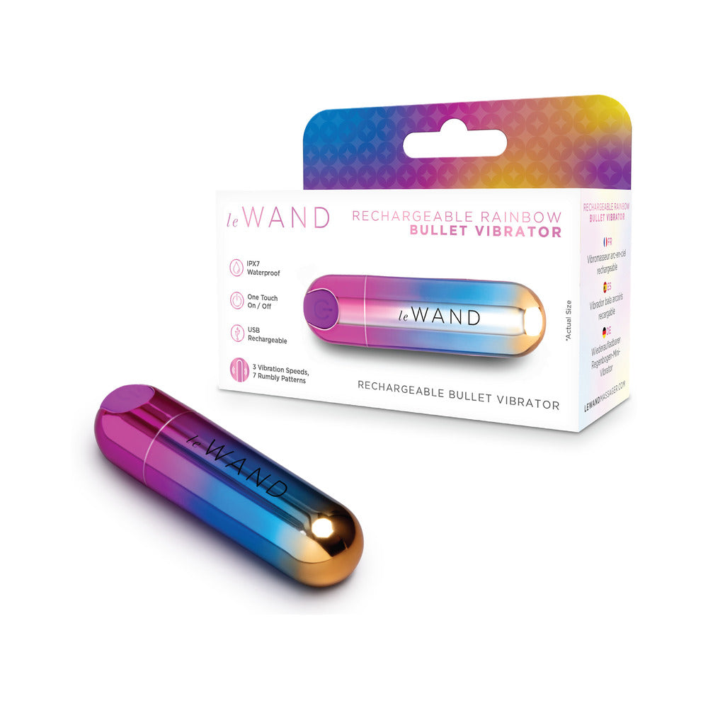 Le Wand Essentials Rechargeable Rainbow Bullet Vibrator with sleek design and packaging for focused pleasure.