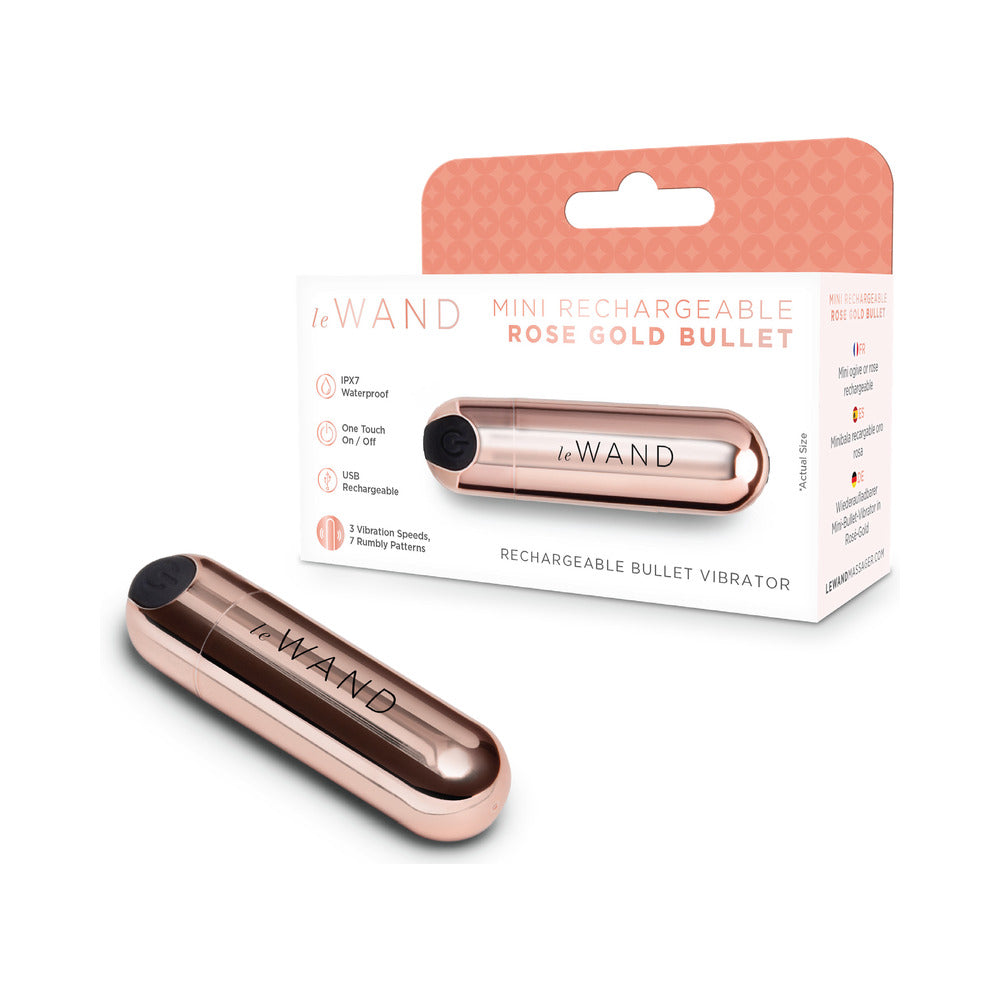 Le Wand Essentials Mini Rose Gold Bullet Vibrator with sleek design and packaging, perfect for on-the-go pleasure.