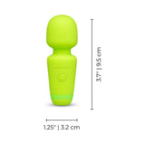 Le Wand Essentials Mini Wand Vibe Pocket-sized Vibrator in vibrant green color with dimensions.
