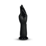 B-vibe Essentials Silicone Hand Fisting Dildo Black on a pedestal, designed for body-friendly fisting play.