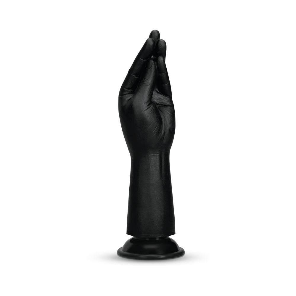 B-vibe Essentials Silicone Hand Fisting Dildo Black in a sculpted hand design for unique pleasure.
