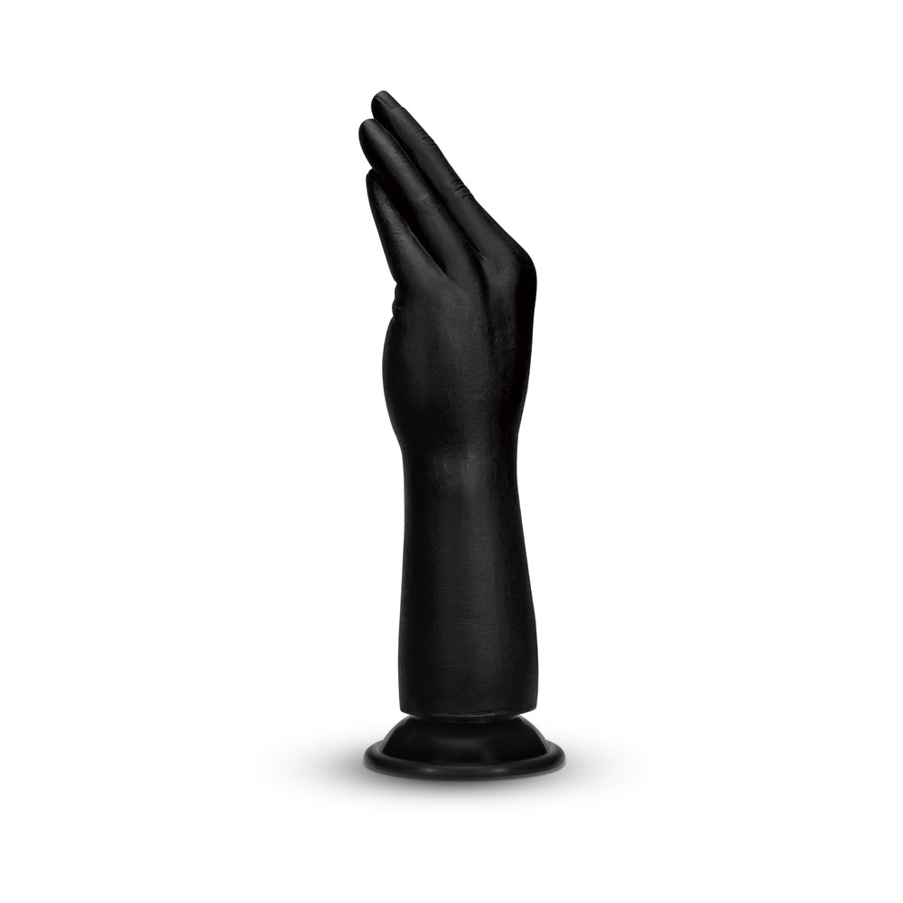 B-vibe Essentials Silicone Hand Fisting Dildo Black displayed from the side, showcasing its unique hand design.