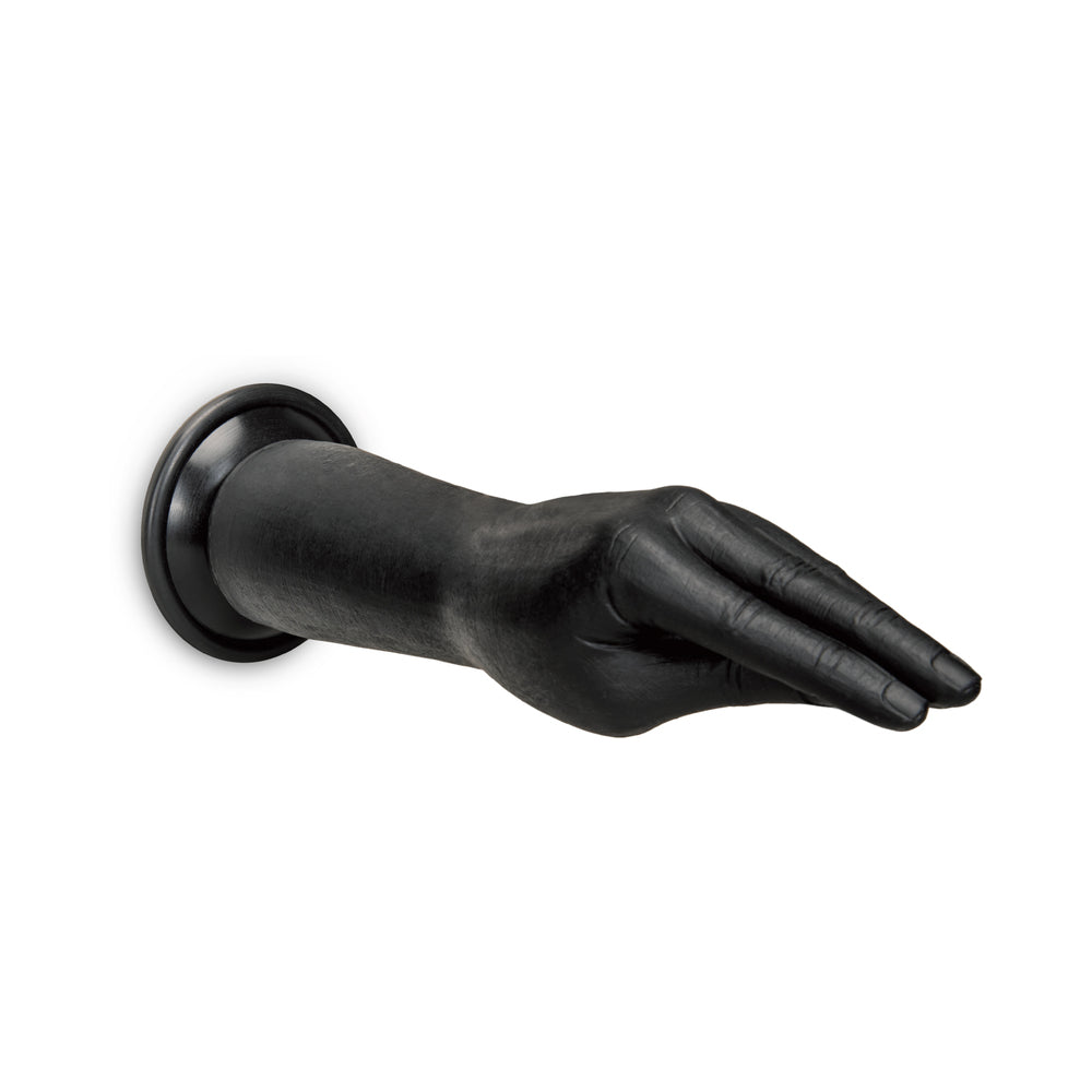 B-vibe Essentials Silicone Hand Fisting Dildo Black, a realistic black silicone hand design for pleasure.