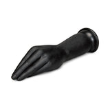 B-vibe Essentials Silicone Hand Fisting Dildo Black showcasing a unique hand design for fisting play stimulation.