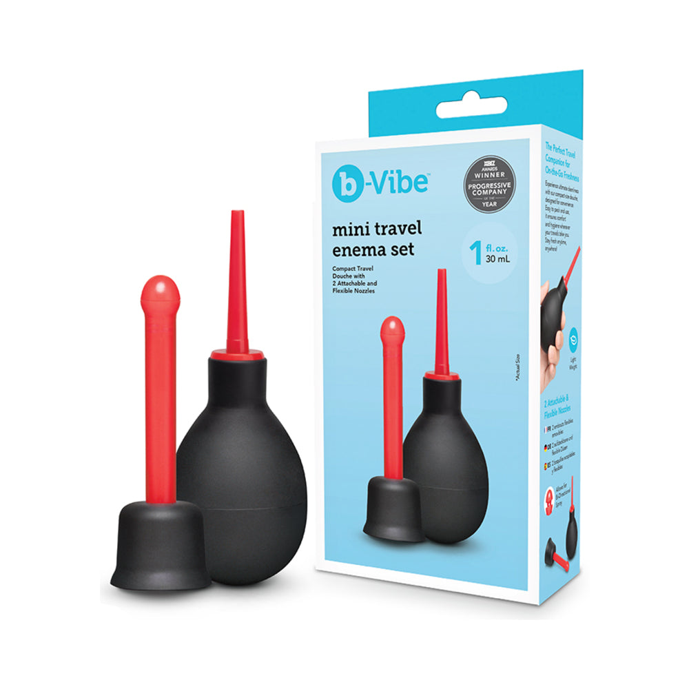 B-vibe Essentials Mini Travel Enema Set 30 Ml with black bulb and red nozzles, ideal for discreet hygiene on the go.
