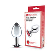 b-Vibe Essentials 3.25 Inch Steel Jewel Butt Plug Red with packaging, showcasing polished design and ruby red jewel base.