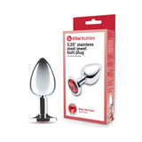 b-Vibe Essentials 3.25 Inch Steel Jewel Butt Plug Red with packaging, showcasing polished design and ruby red jewel base.