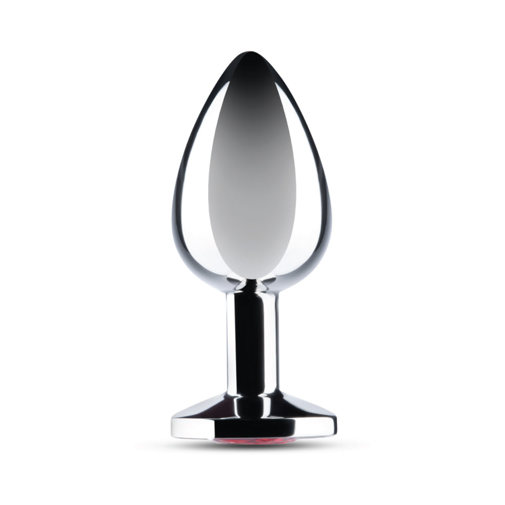 b-Vibe Essentials 3.25 Inch Steel Jewel Butt Plug Red displayed, showcasing its polished stainless steel and red jewel base.
