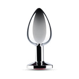b-Vibe Essentials 3.25 Inch Steel Jewel Butt Plug Red displayed, showcasing its polished stainless steel and red jewel base.