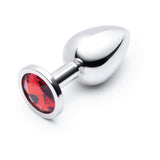b-Vibe Essentials 3.25 Inch Steel Jewel Butt Plug Red showcasing elegant stainless steel and sparkling jewel design.