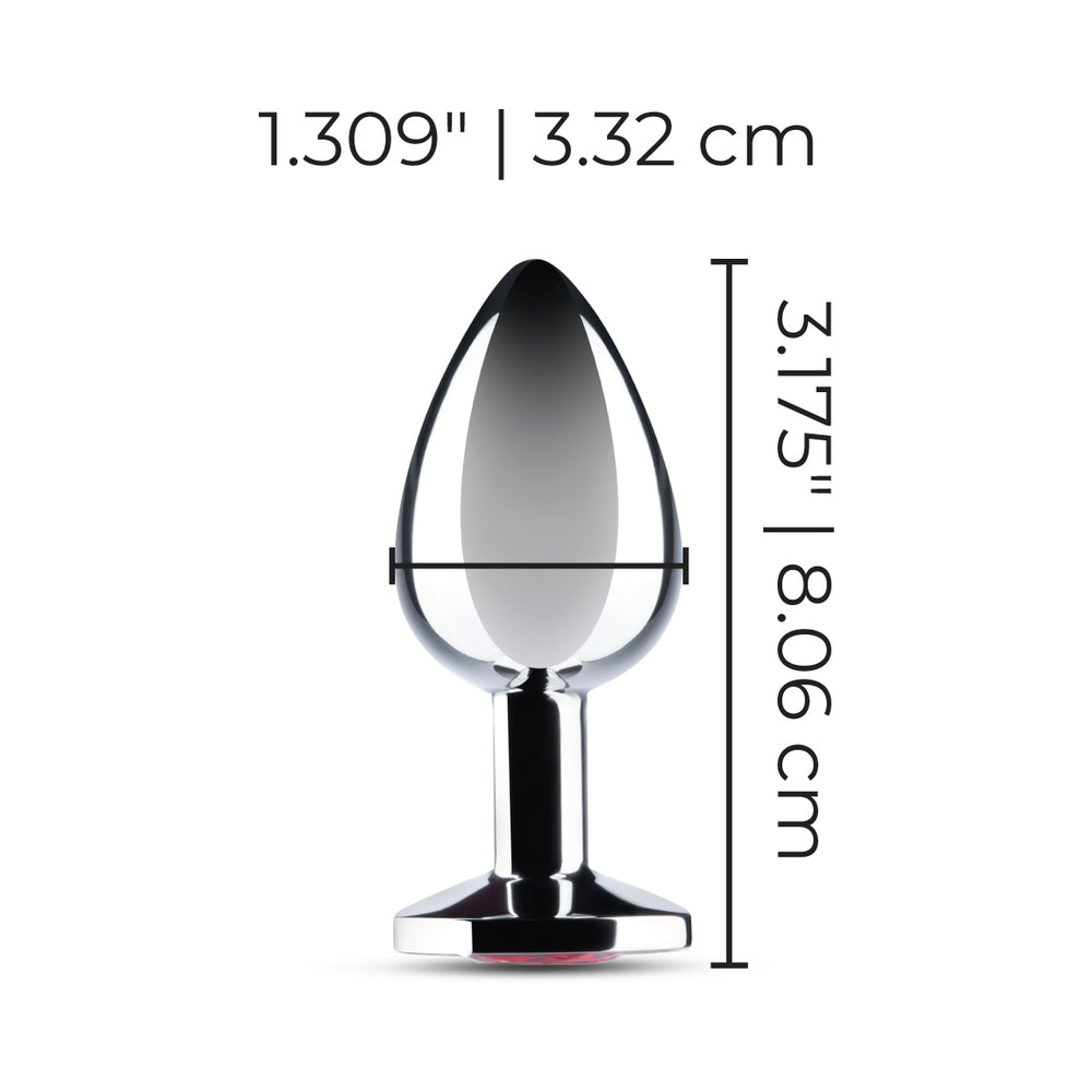 b-Vibe Essentials 3.25 Inch Steel Jewel Butt Plug Red with dimensions 1.309" x 3.175" for elegant pleasure.
