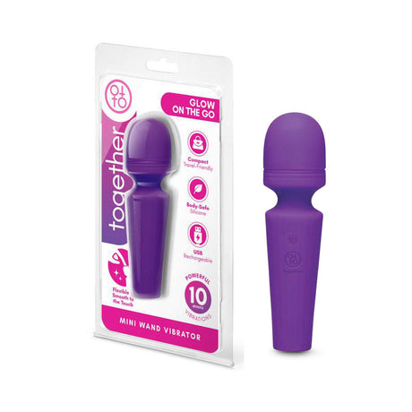 Together Glow On The Go Mini Wand Vibrator Purple displayed in packaging with product details.