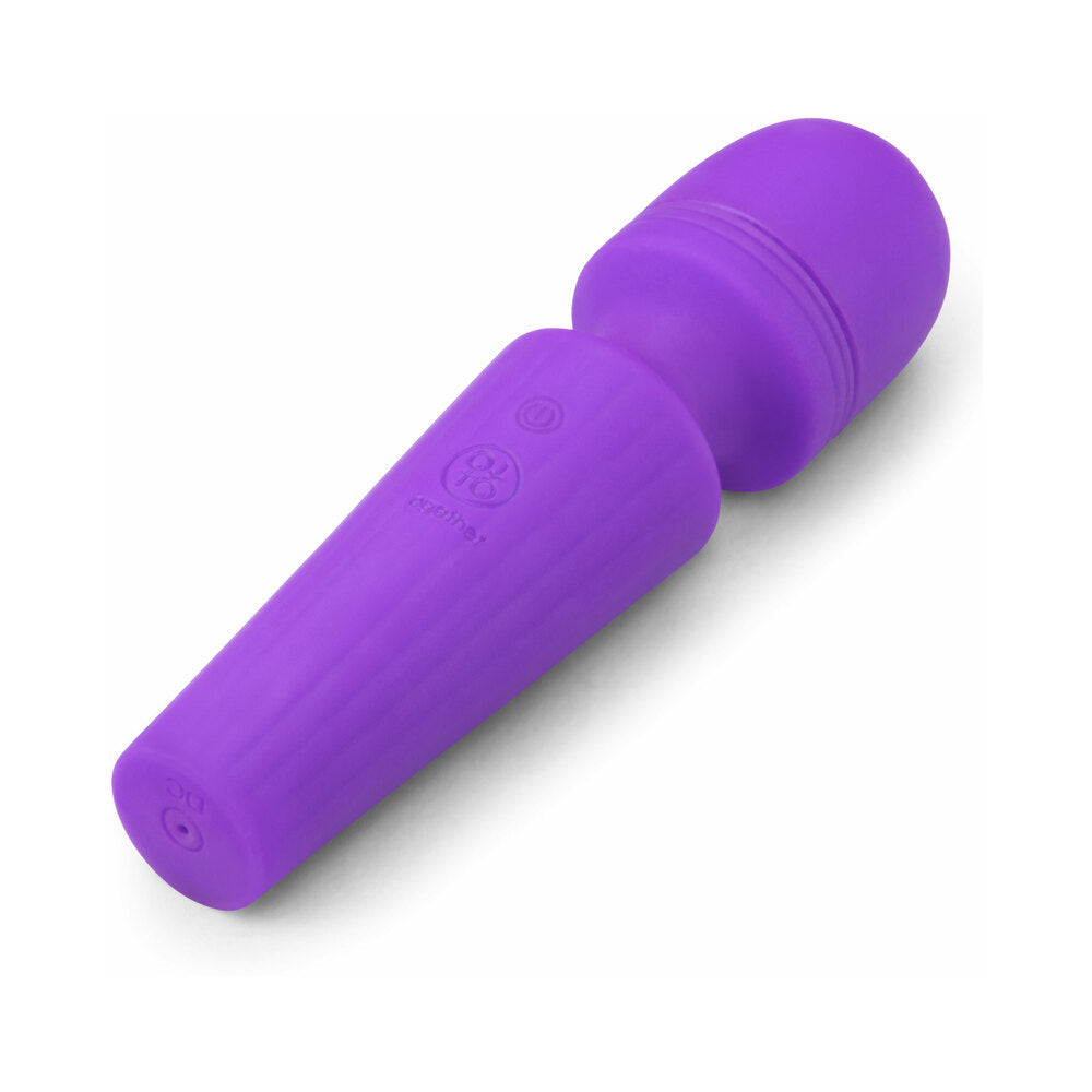 Together Glow On The Go Mini Wand Vibrator Purple shown on a white background, compact and ready for travel.