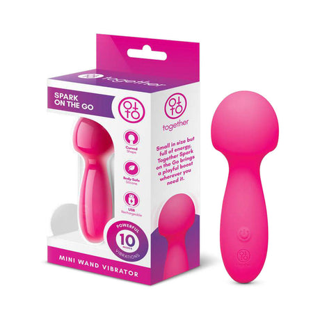 Together Spark On The Go Mini Wand Vibrator with packaging demonstrating its compact design and 10 powerful vibrations.