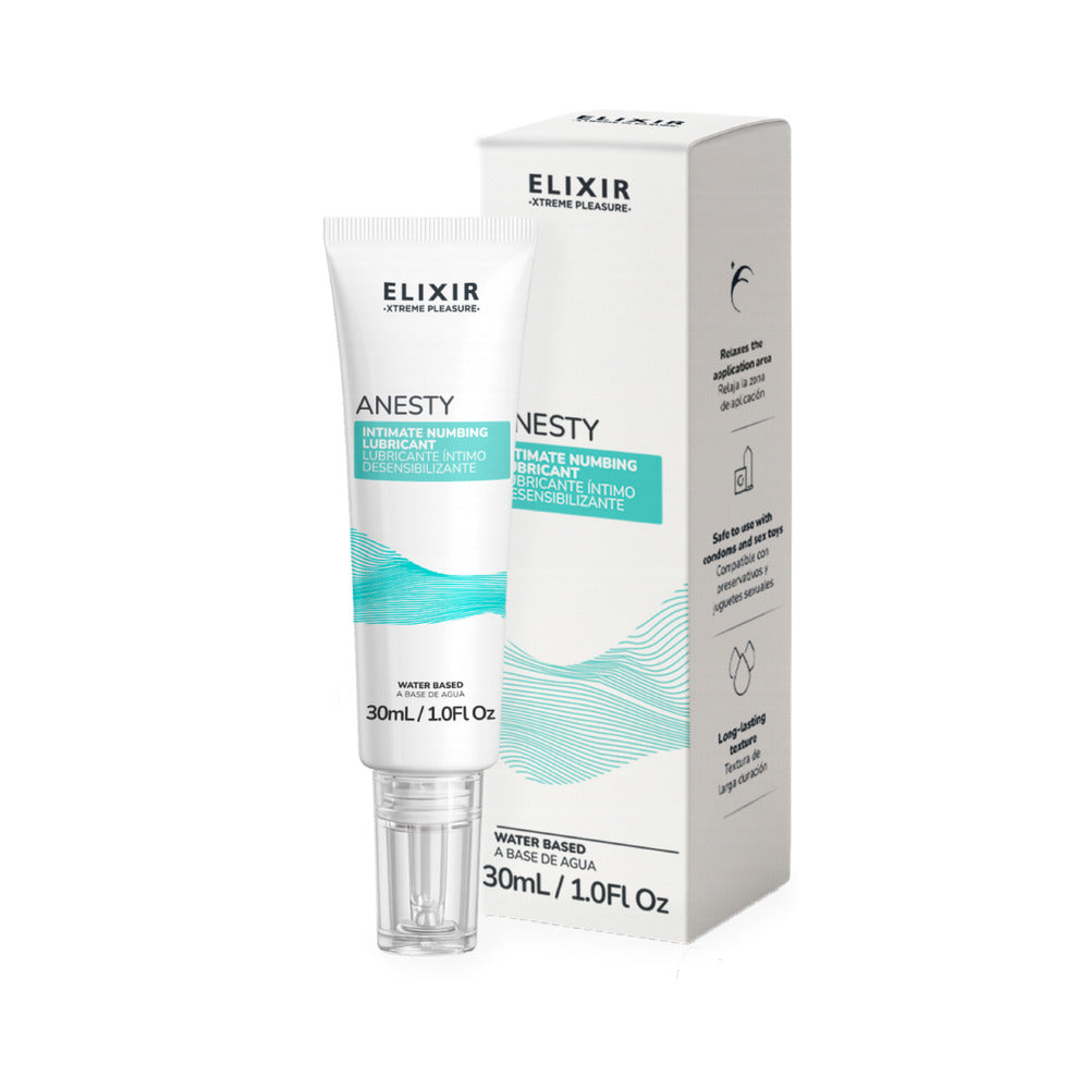 Elixir Anesty Anal Desensitizing Lubricant 1 Oz tube and box packaging for comfortable anal play.