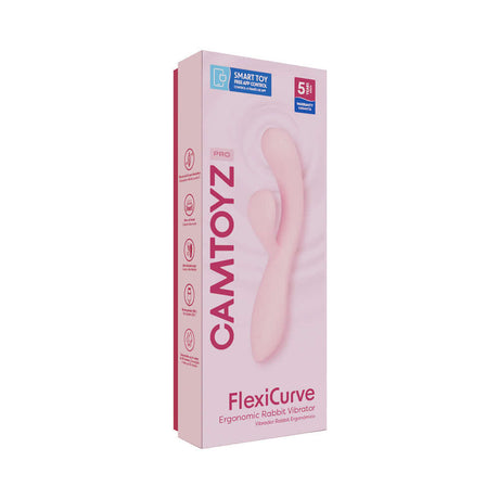 Camtoyz Flexicurve Ergonomic Rabbit Vibrator in pink packaging displaying features and design.