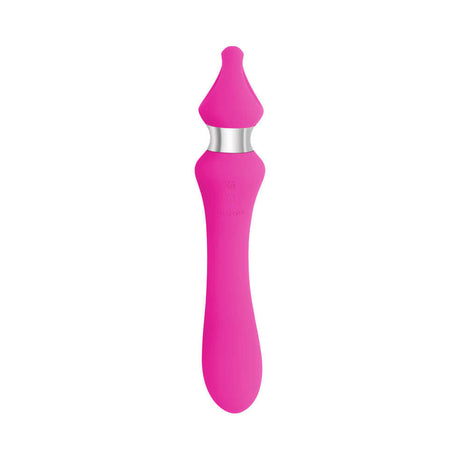 Evolved Kiss The Ring Silicone G-Spot Vibrator Pink with a curved shaft and chrome ring handle for precise stimulation.