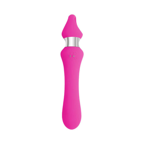 Evolved Kiss The Ring Silicone G-Spot Vibrator Pink featuring a tapered head and chrome ring for targeted stimulation.