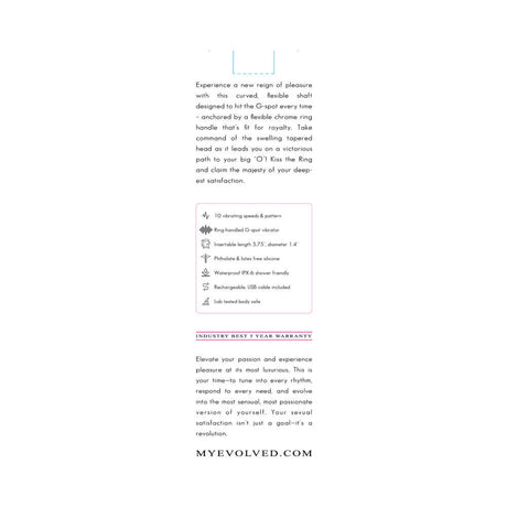 Evolved Kiss The Ring Silicone G-Spot Vibrator Pink features 10 vibrating speeds and a ring handle for targeted pleasure.