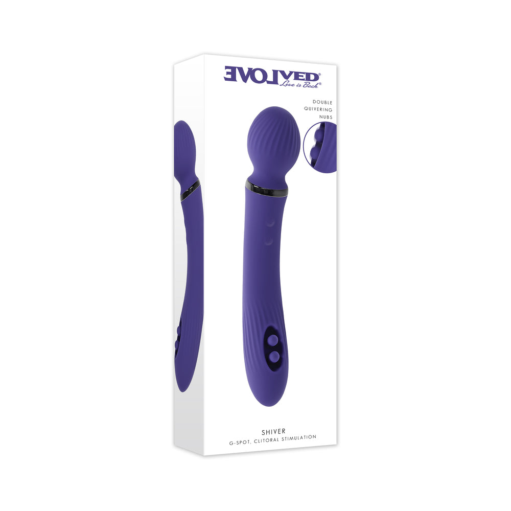 Evolved Shiver Silicone Rechargeable Vibrator Purple in packaging, showcasing dual ends for pleasure stimulation.