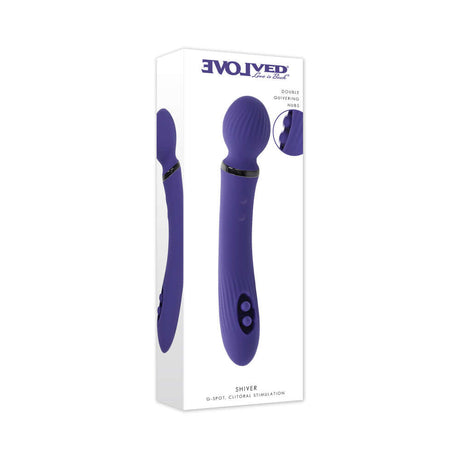 Evolved Shiver Silicone Rechargeable Vibrator Purple in packaging, showcasing dual ends for pleasure stimulation.
