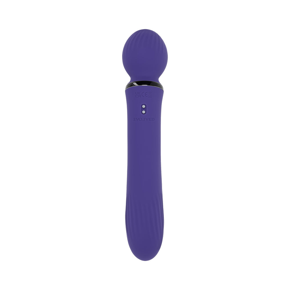 Evolved Shiver Silicone Rechargeable Vibrator Purple with textured wand head for pleasure and stimulation.